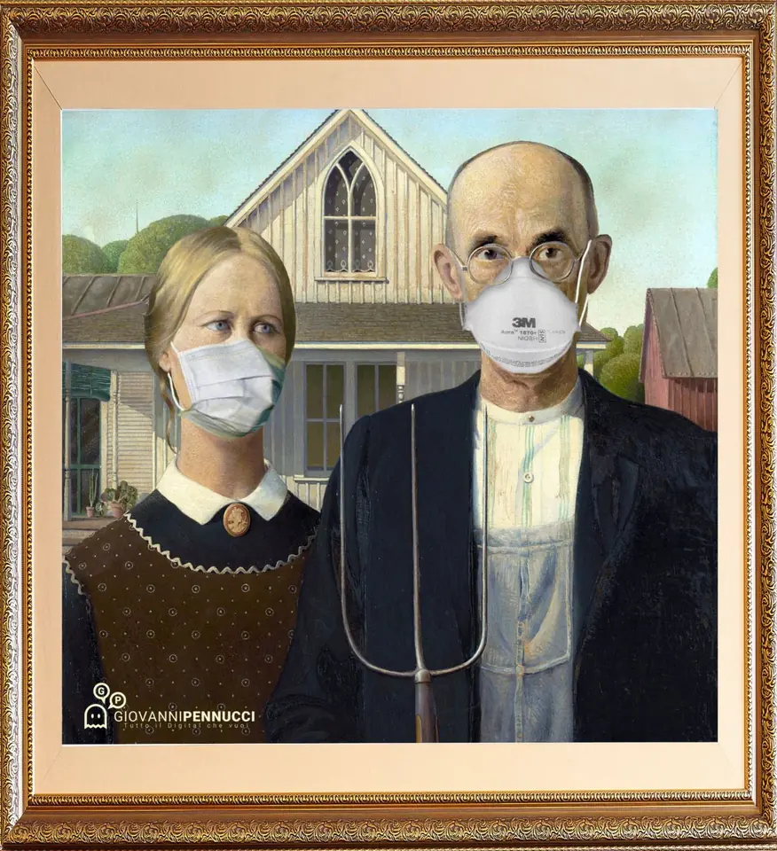 Americano gotico (mascherato): American Gothic di Grant Wood rivisitato in chiave Covid-19