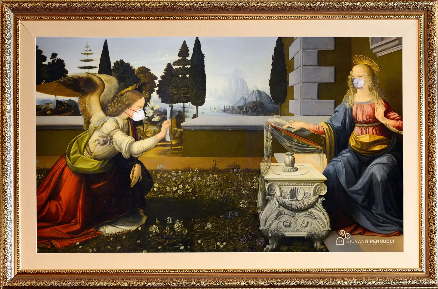 L’annunciazione di una nuova autocertificazione: Annunciazione di Leonardo da Vinci rivisitato in chiave Covid-19