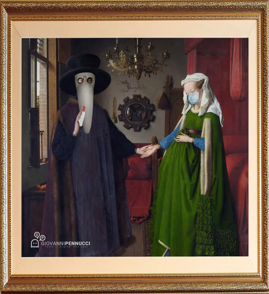 Ritratto dei coniugi Arnolfini (in quarantena): I coniugi Arnolfini di Jan van Eyck rivisitato in chiave Covid-19
