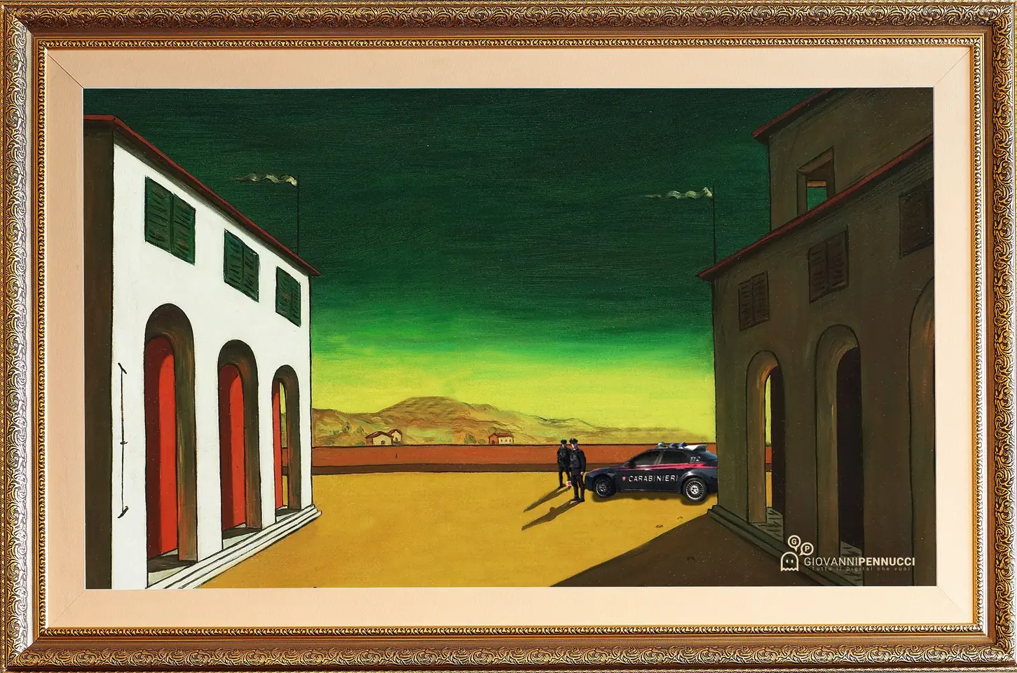 (Posto di blocco anti-furbetto in) Piazza d’Italia: Piazza d’Italia di Giorgio de Chirico rivisitato in chiave Covid-19