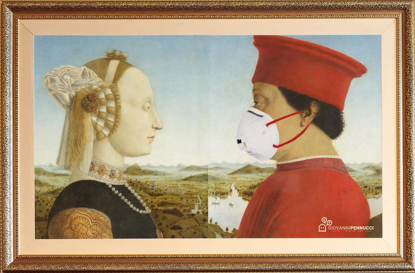 Doppio ritratto dei duchi di Urbino (in quarantena): Dittico dei duchi di Urbino di Piero della Francesca rivisitato in chiave Covid-19