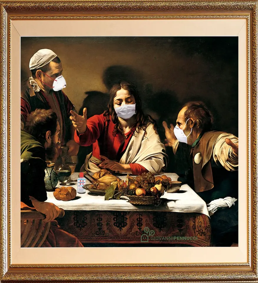 (Cena) Assembramento in Emmaus: Cena in Emmaus di Caravaggio rivisitato in chiave Covid-19