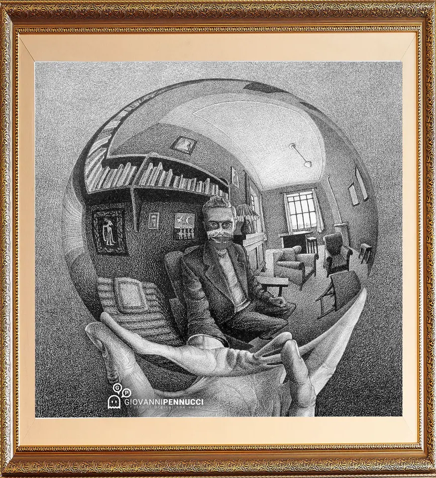 Mano con sfera riflettente: Mano con sfera riflettente di M. C. Escher rivisitato in chiave Covid-19