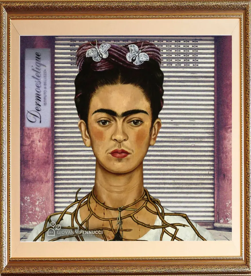 Autoritratto con collana di spine (fuori da centro estetico chiuso): Autoritratto con collana di spine di Frida Kahlo rivisitato in chiave Covid-19