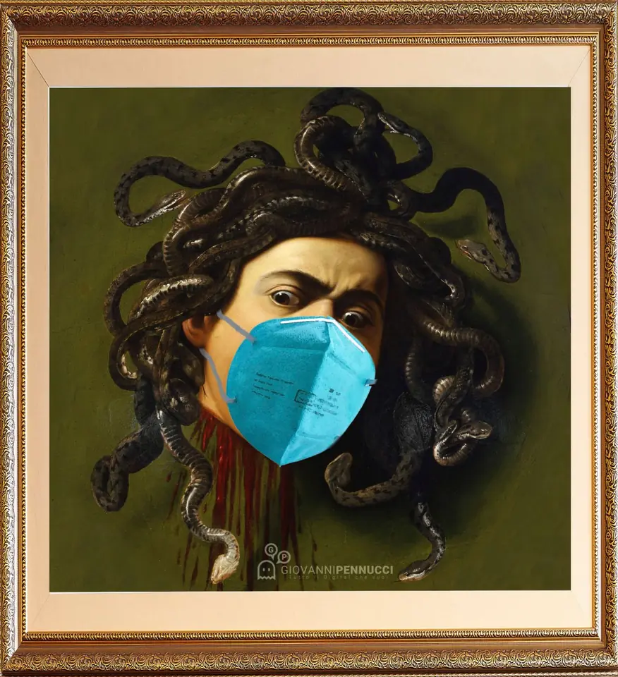 Scudo con mascherina di Medusa: Medusa di Caravaggio rivisitato in chiave Covid-19