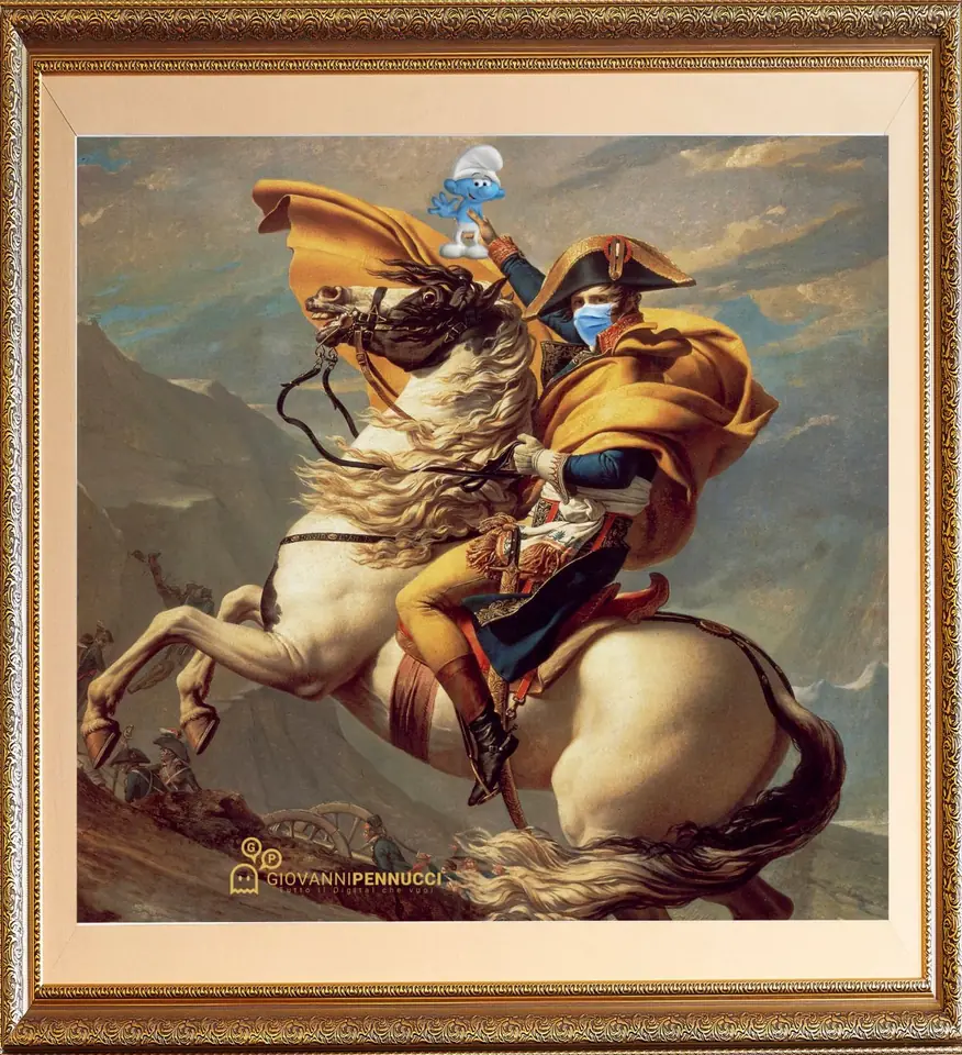 Bonaparte (con precauzioni) valica il Gran San Bernardo con Puffo Tontolone: Napoleone valica le Alpi di Jacques-Louis David rivisitato in chiave Covid-19
