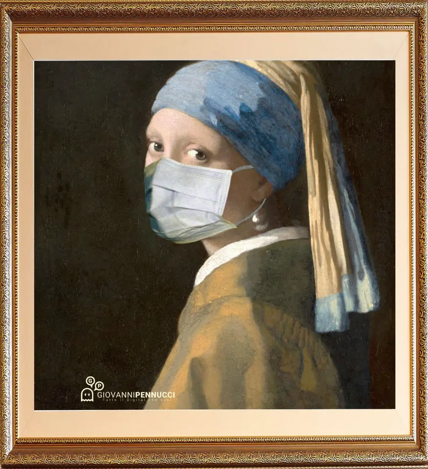 Ragazza con il mascherino di carta: Ragazza con l’orecchino di perla di Jan Vermeer rivisitato in chiave Covid-19