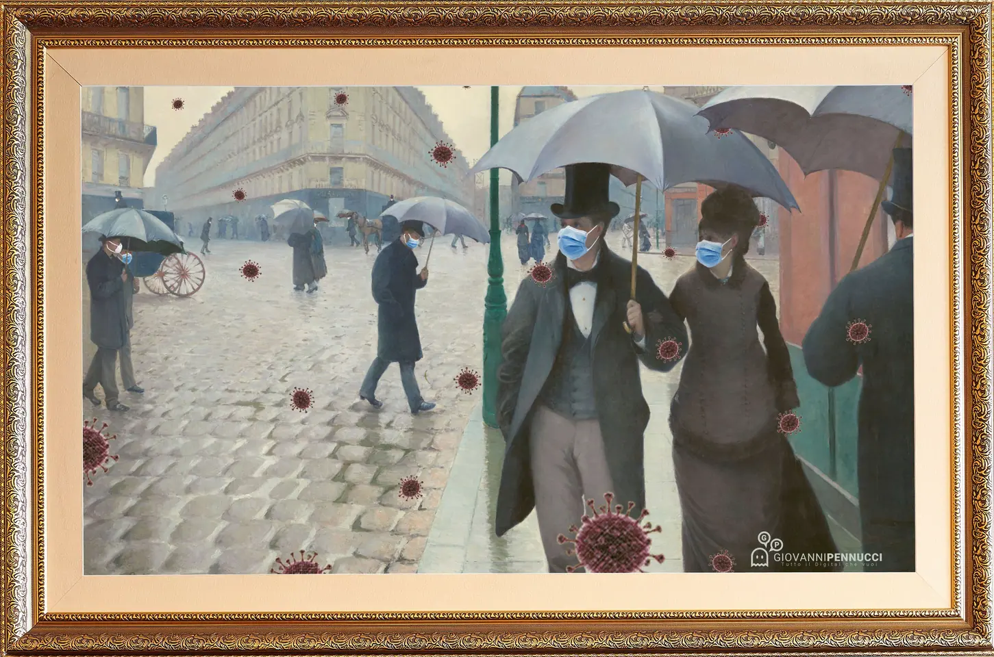 (Mondo) Giornata di pioggia: Via di Parigi, giorno di pioggia di Gustave Caillebotte rivisitato in chiave Covid-19