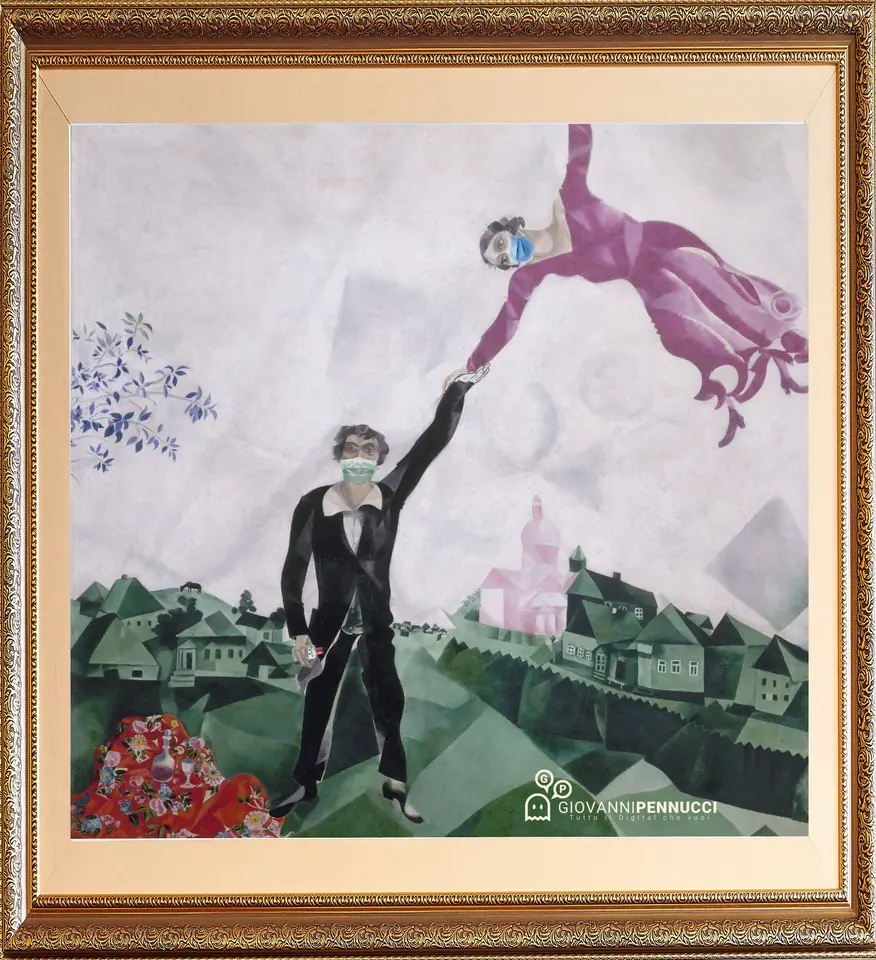 La passeggiata (in totale sicurezza): La passeggiata di Marc Chagall rivisitato in chiave Covid-19