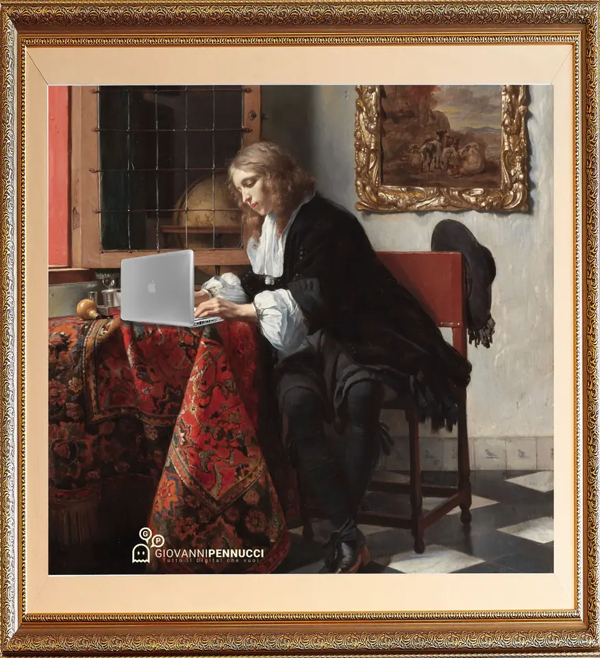 Smart Worki(ng): Uomo che scrive una lettera di Gabriel Metsu rivisitato in chiave Covid-19
