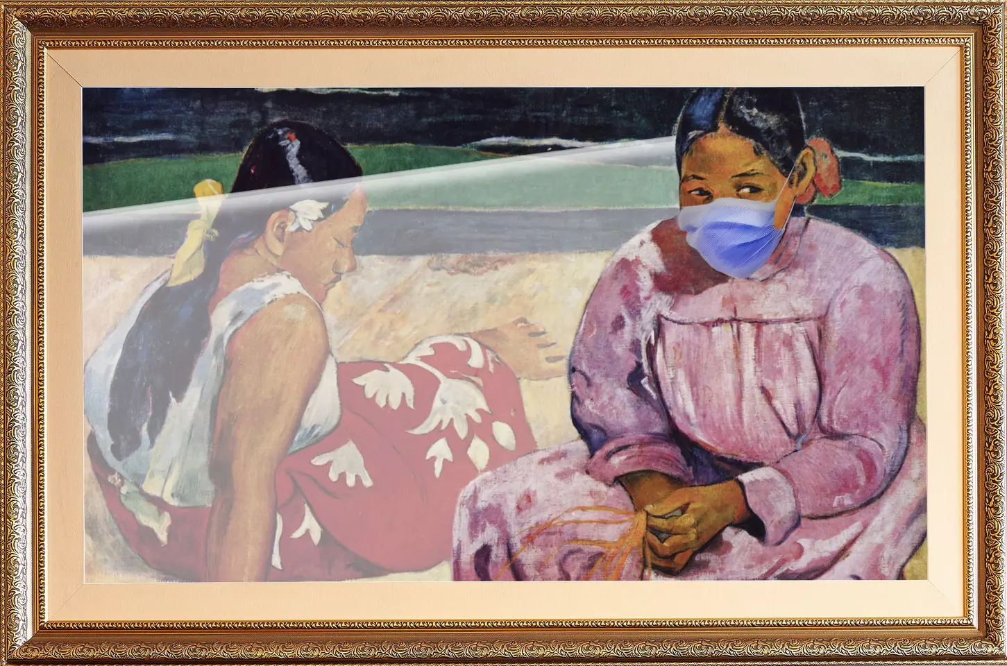 Due donne tahitiane (separate dal plexiglass): Donne di Tahiti di Paul Gauguin rivisitato in chiave Covid-19