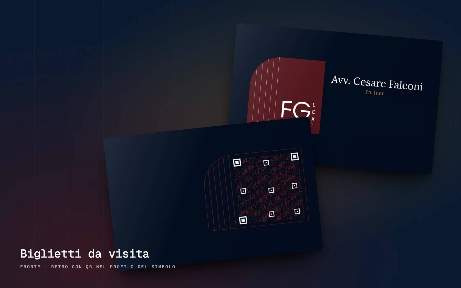 I biglietti da visita di FG Lex: fronte e retro con il QR code nel profilo del simbolo