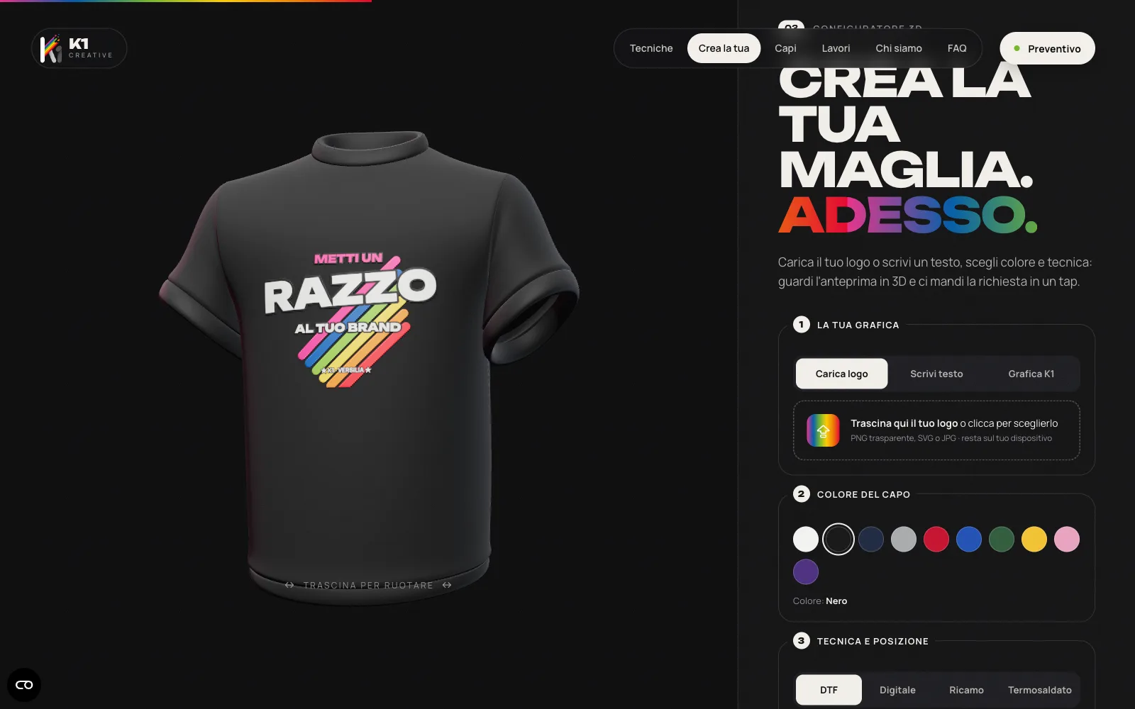 Il configuratore 3D della maglia sul sito di K1