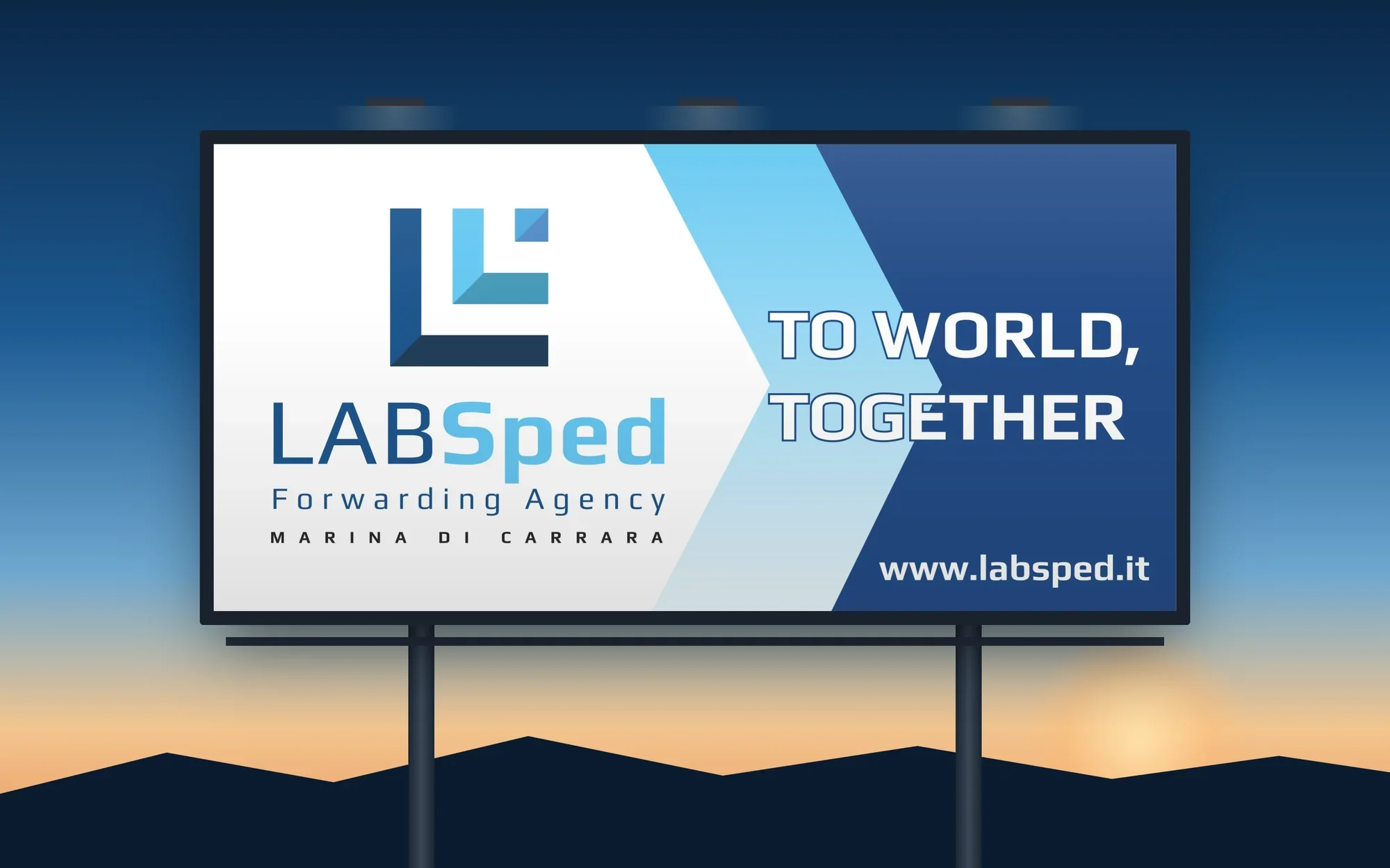 Il cartellone 6×3 di LAB Sped con il payoff To World, Together